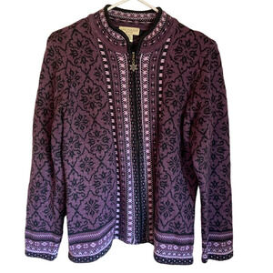 Vintage Nordic Wool Blend Zip Front Cardigan Sweater L Granny Fair Aisle Cozy